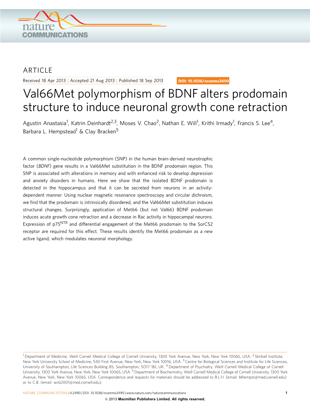 Val66met Polymorphism of BDNF Alters Prodomain Structure to Induce Neuronal Growth Cone Retraction