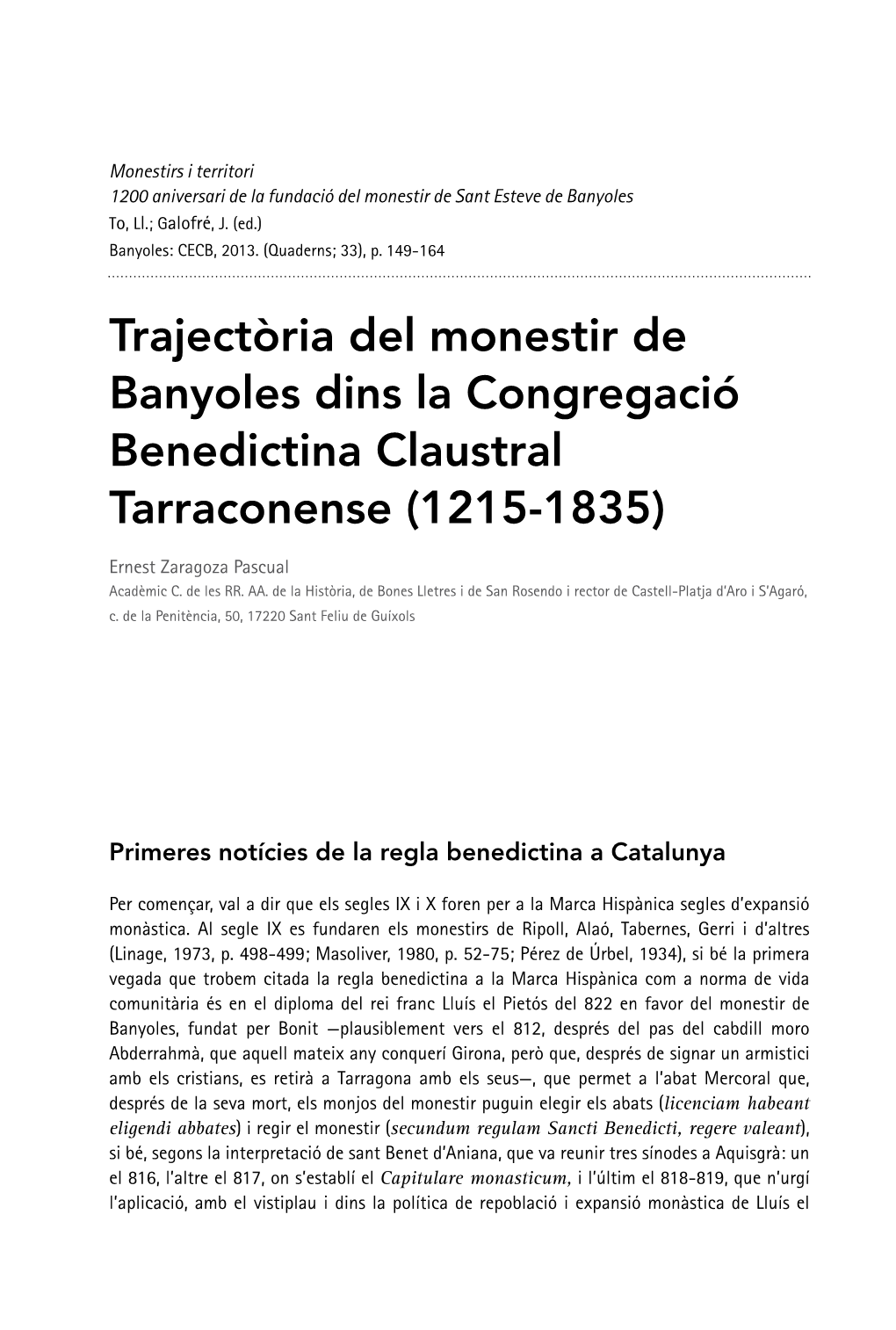 Trajectoria Del Monestir De Banyoles Dins La Congregacio.Pdf