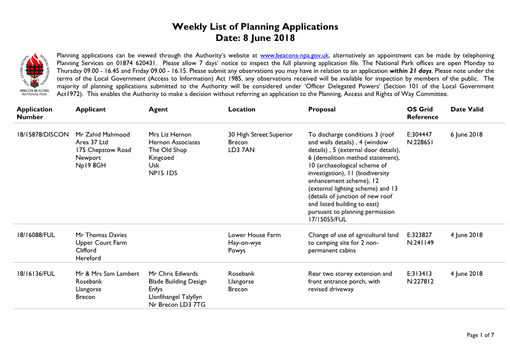 Weekly List of Planning Applications Date: 8 June 2018