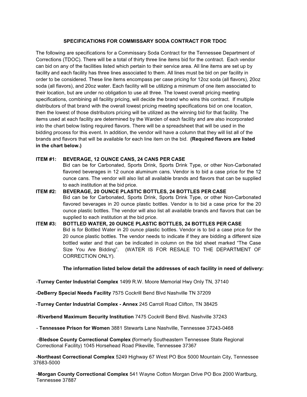 Specifications for Commissary Soda Contract for Tdoc