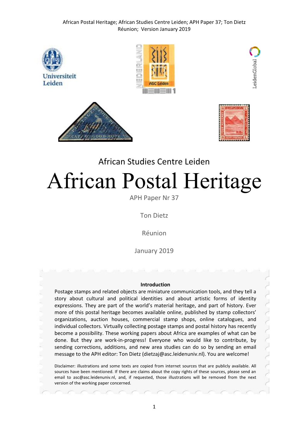 African Postal Heritage; African Studies Centre Leiden; APH Paper 37; Ton Dietz Réunion; Version January 2019