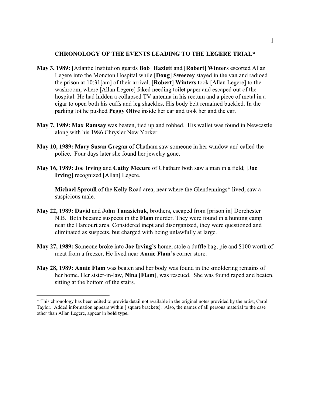 Chronology of the Events of 1989 Leading to the Legere Trial