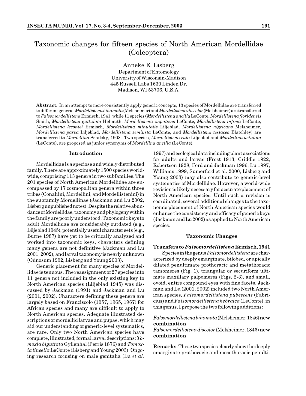 Taxonomic Changes for Fifteen Species of North American Mordellidae (Coleoptera)