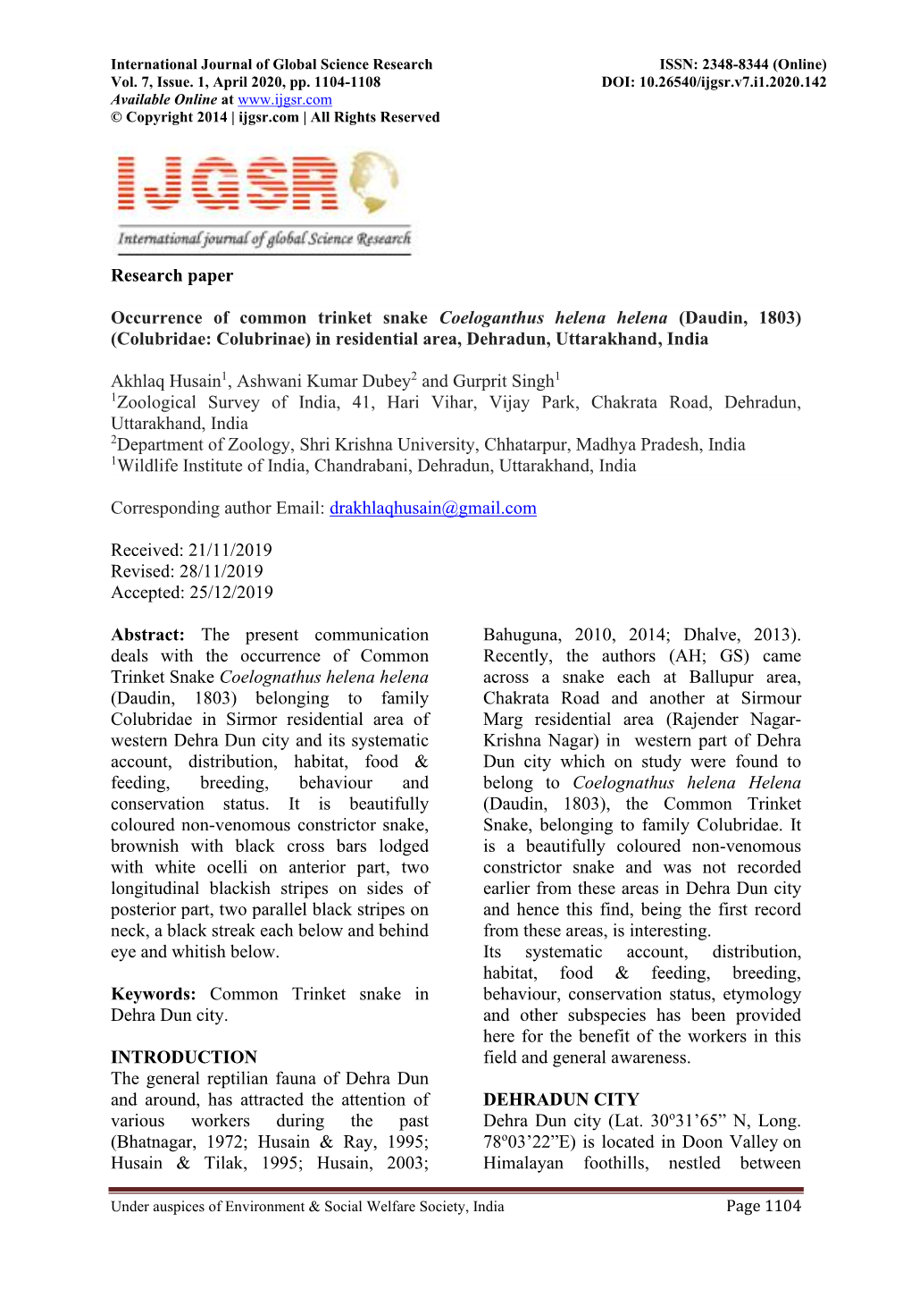 Research Paper Occurrence of Common Trinket Snake Coeloganthus Helena Helena