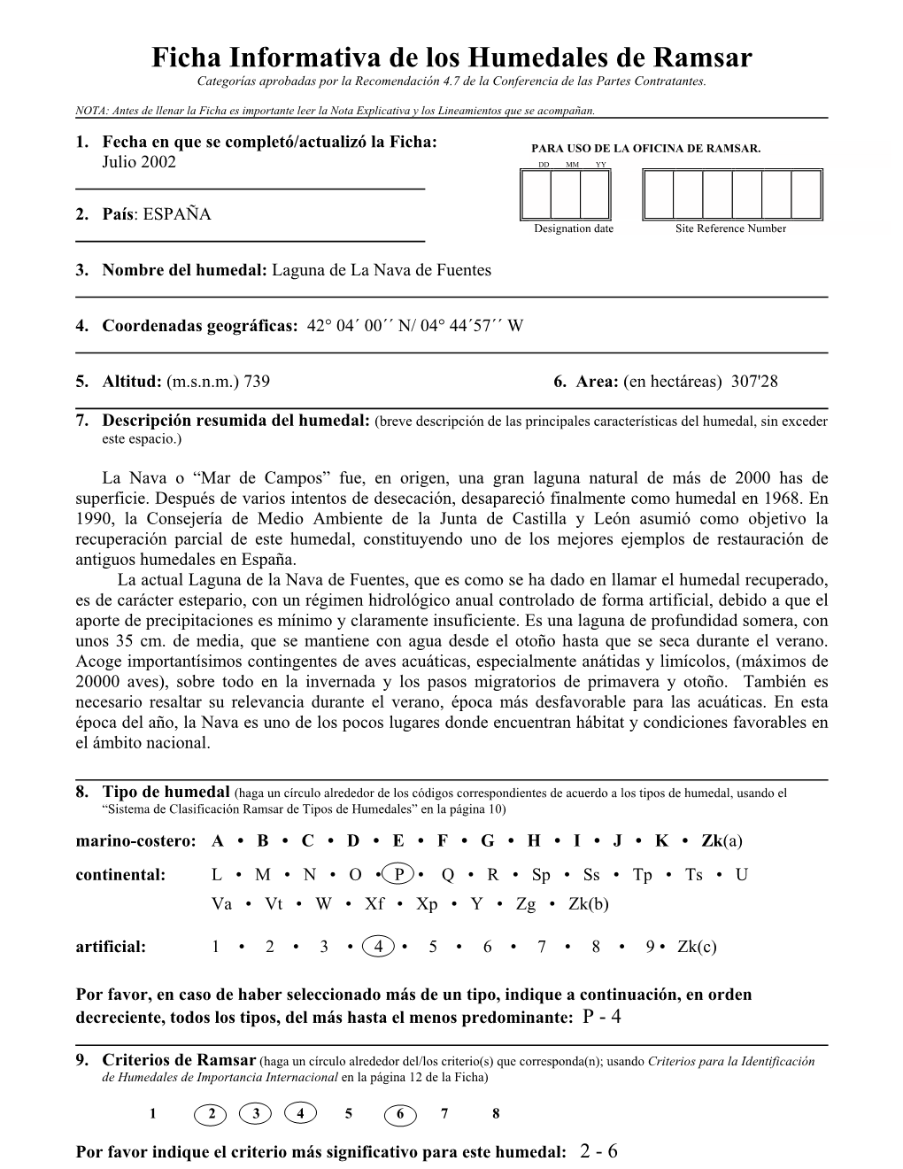 Ficha Informativa De Los Humedales De Ramsar Categorías Aprobadas Por La Recomendación 4.7 De La Conferencia De Las Partes Contratantes