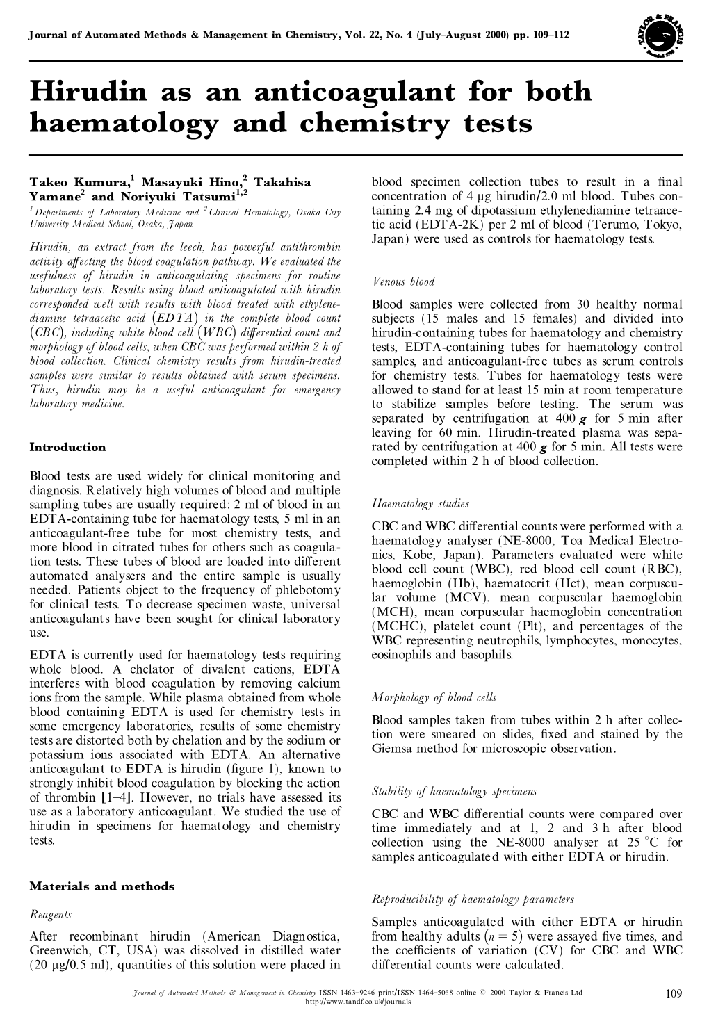 Hirudin As an Anticoagulant for Both Haematology and Chemistry Tests