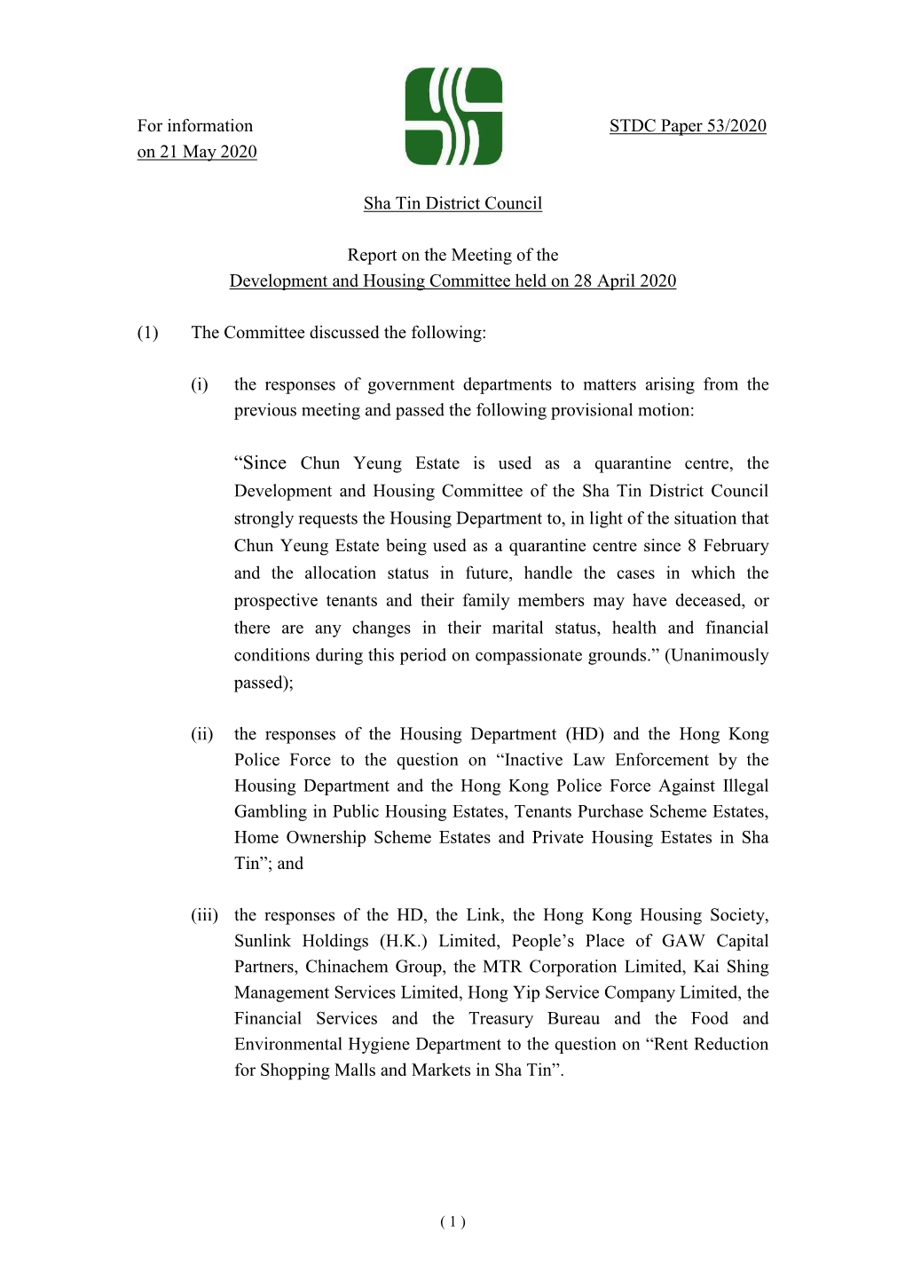 For Information STDC Paper 53/2020 on 21 May 2020 Sha Tin District
