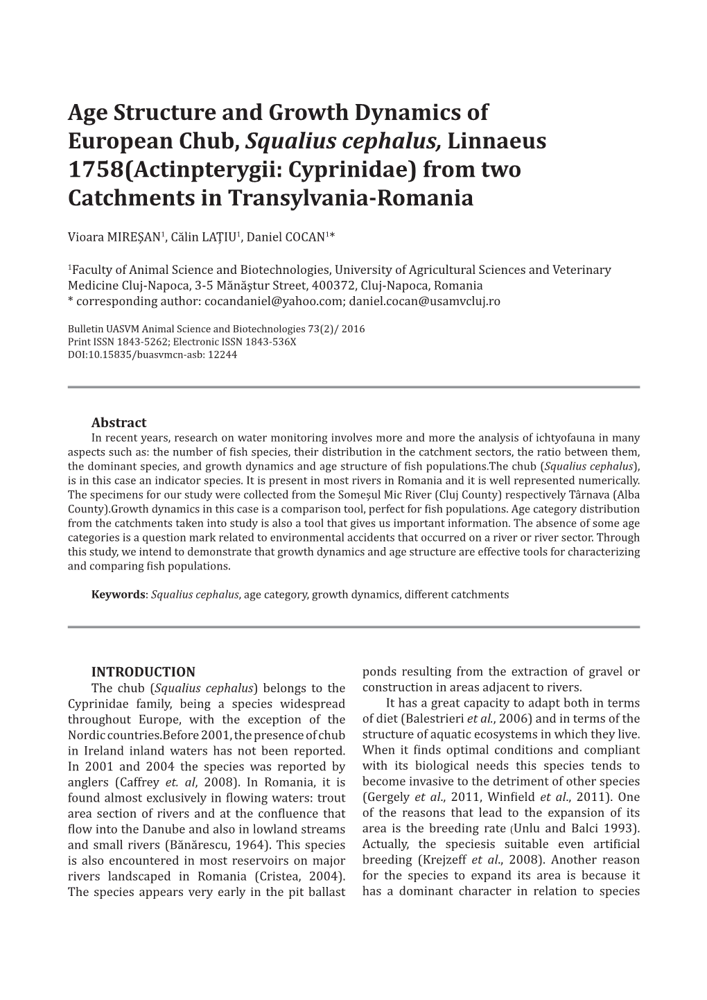 Age Structure and Growth Dynamics of European Chub, Squalius Cephalus, Linnaeus 1758(Actinpterygii: Cyprinidae) from Two Catchments in Transylvania-Romania