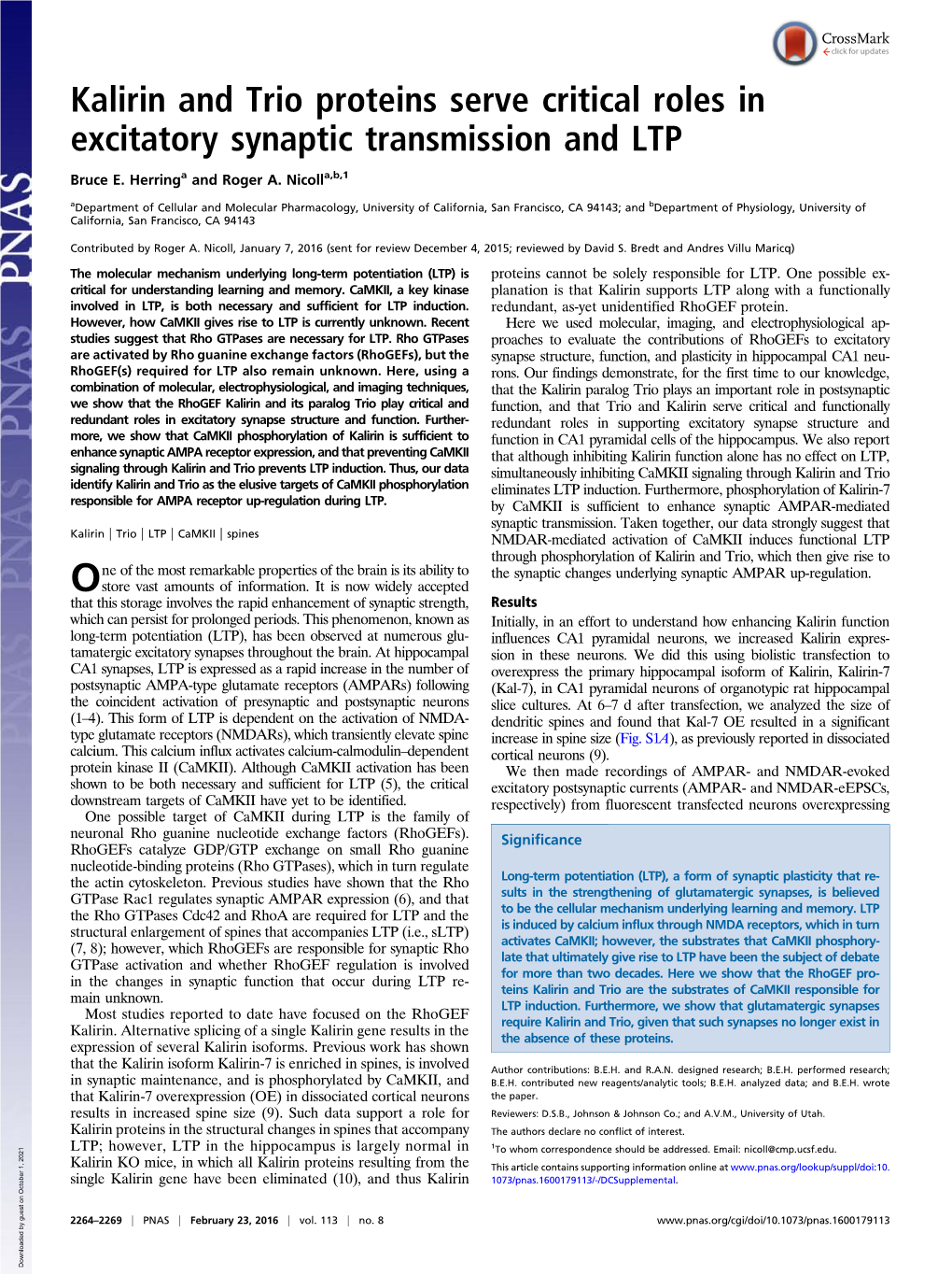 Kalirin and Trio Proteins Serve Critical Roles in Excitatory Synaptic Transmission and LTP