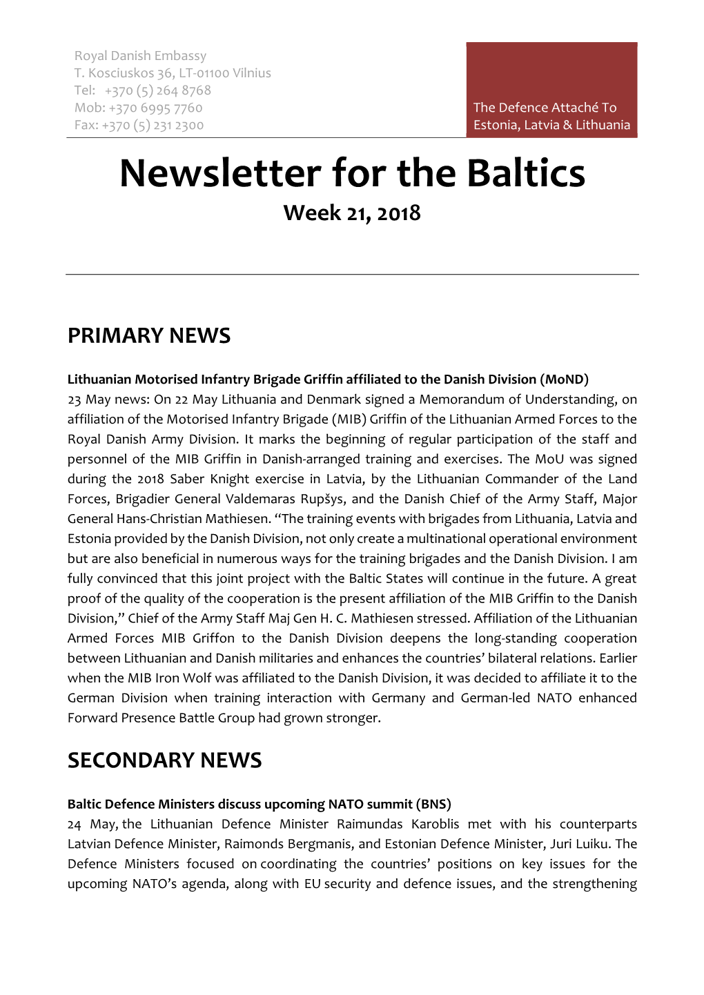 Newsletter for the Baltics Week 21, 2018