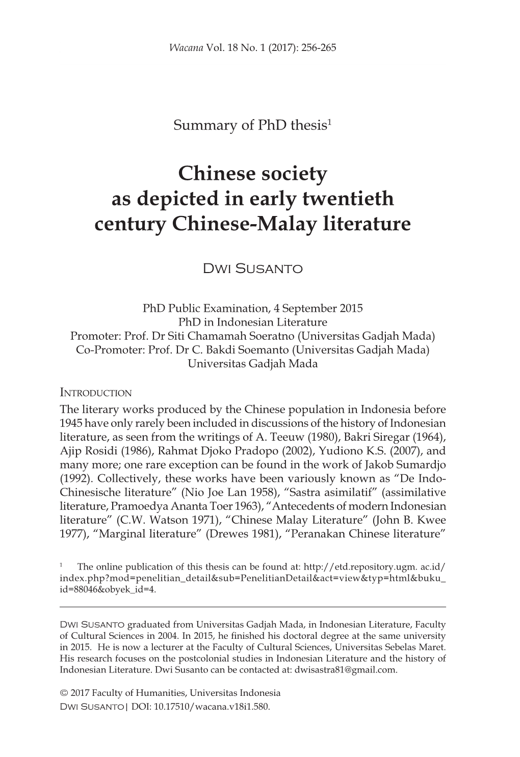 Chinese Society As Depicted in Early Twentieth Century Chinese-Malay Literature