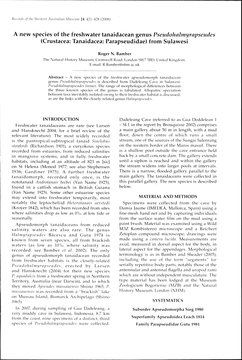 Crustacea: Tanaidacea: Parapseudidae) from Sulawesi