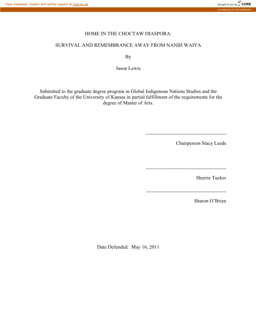 Home in the Choctaw Diaspora: Survival And