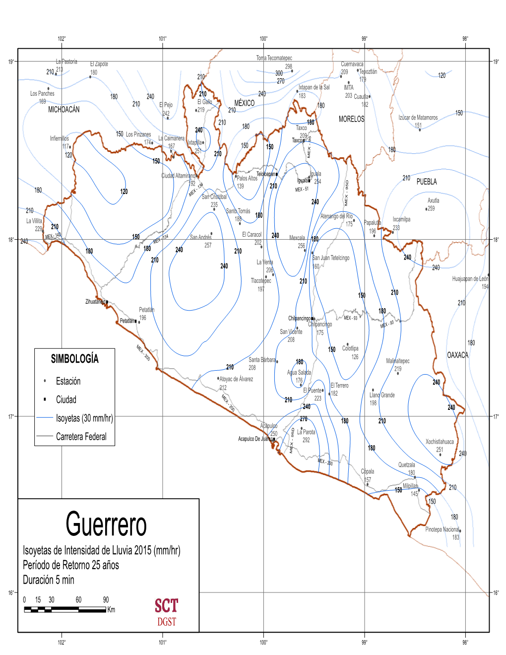 Guerrero 183 Isoyetas De Intensidad De Lluvia 2015 (Mm/Hr) Período De Retorno 25 Años Duración 5 Min 16° 16° 015 30 60 90 Km DGST