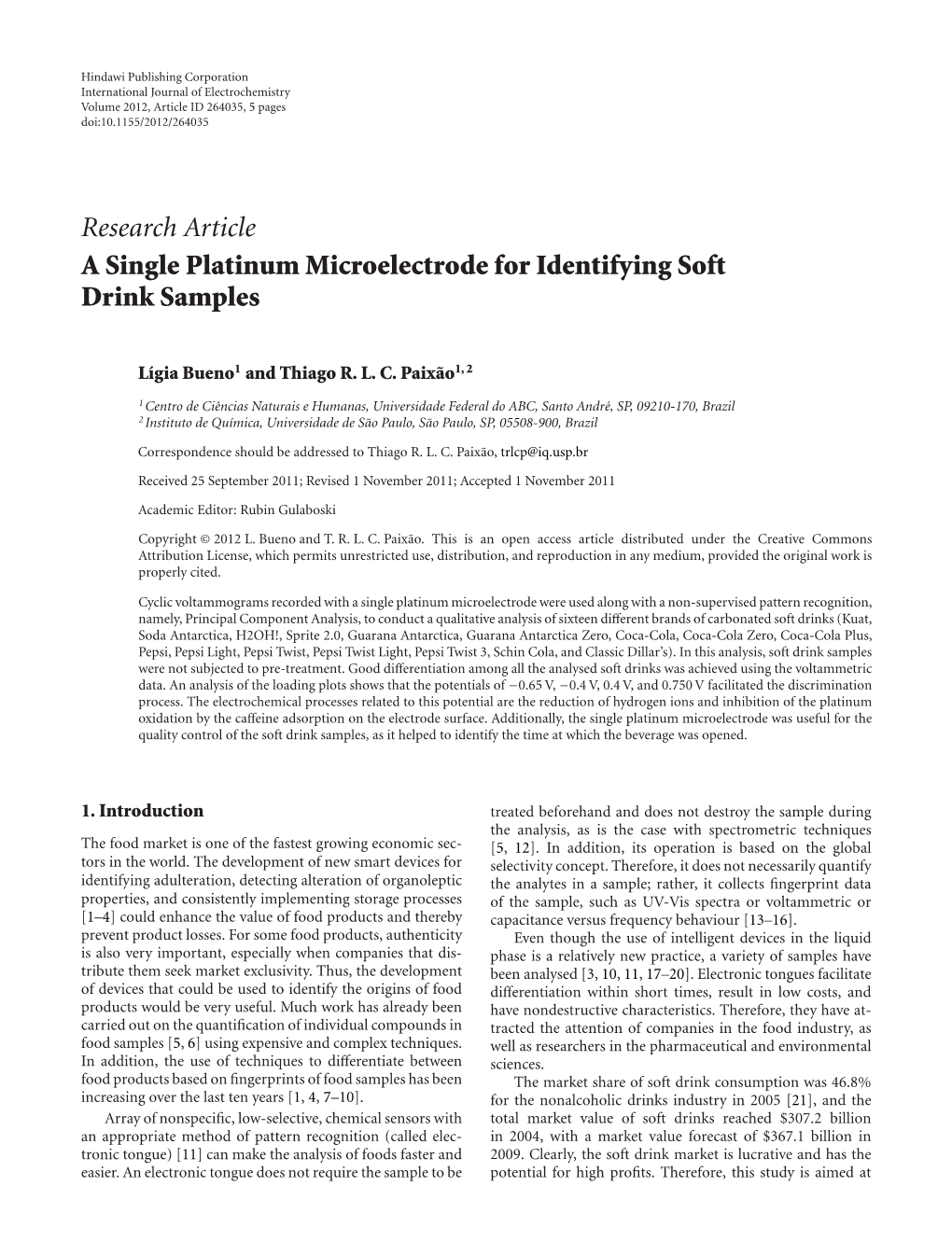 A Single Platinum Microelectrode for Identifying Soft Drink Samples