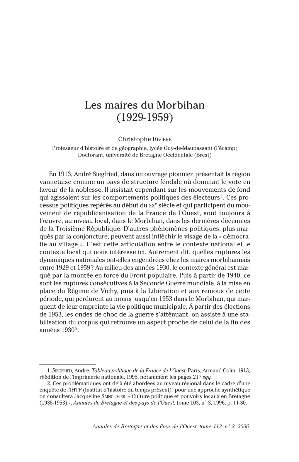Les Maires Du Morbihan (1929-1959)