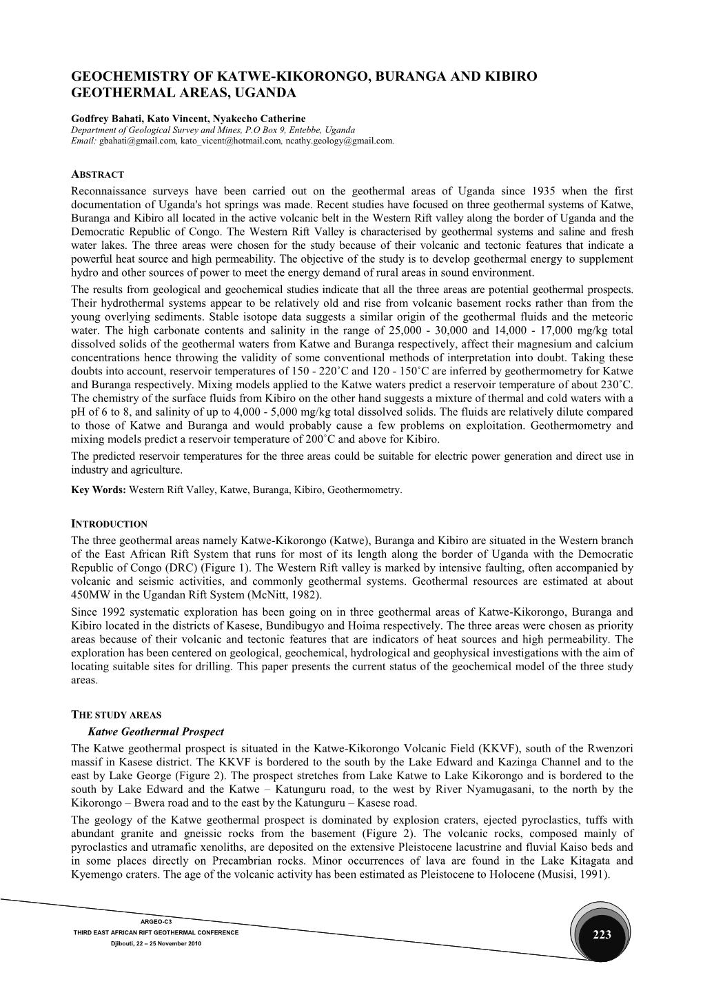 Geochemistry of Katwe-Kikorongo, Buranga and Kibiro Geothermal Areas, Uganda