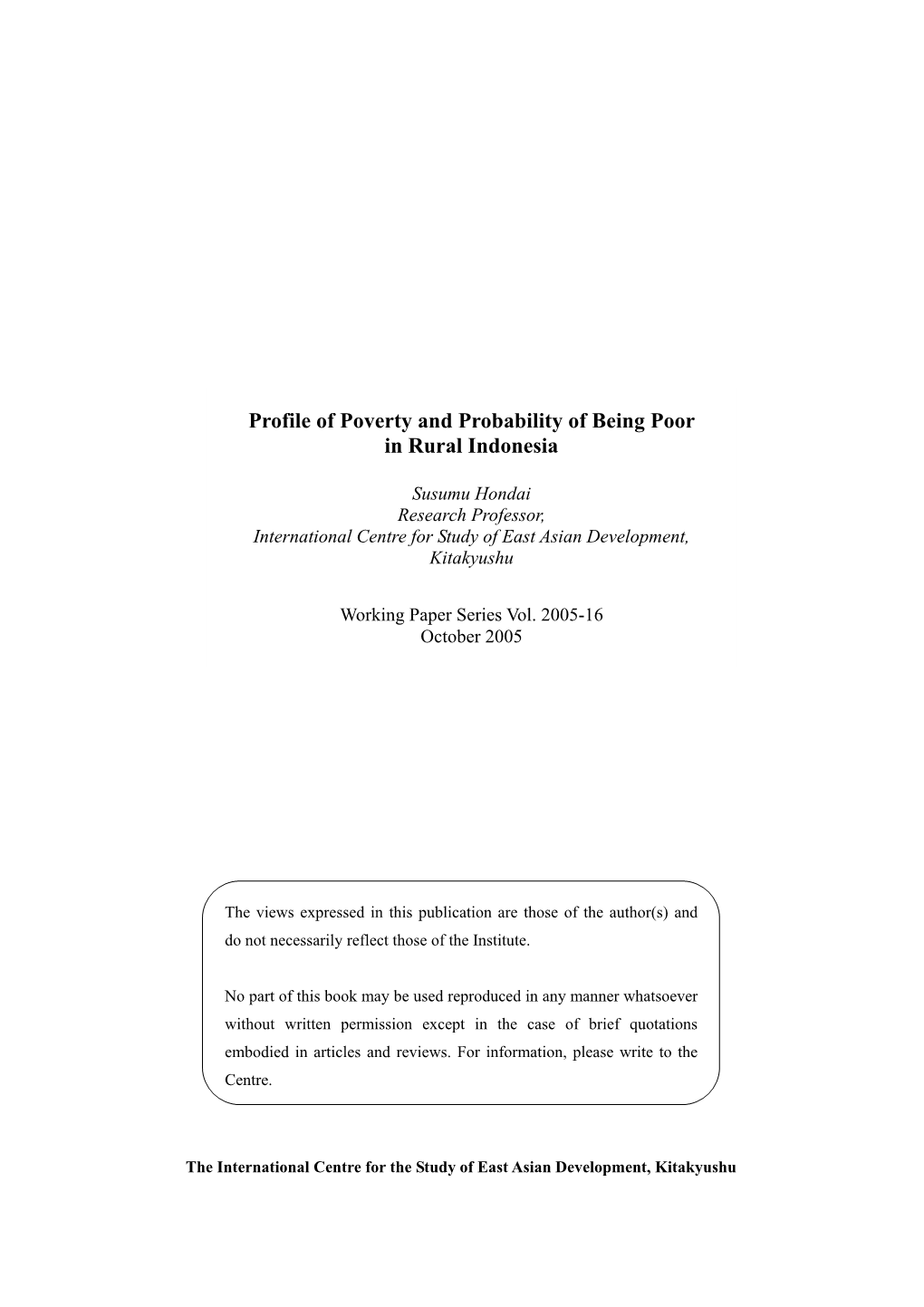 Profile of Poverty and Probability of Being Poor in Rural Indonesia