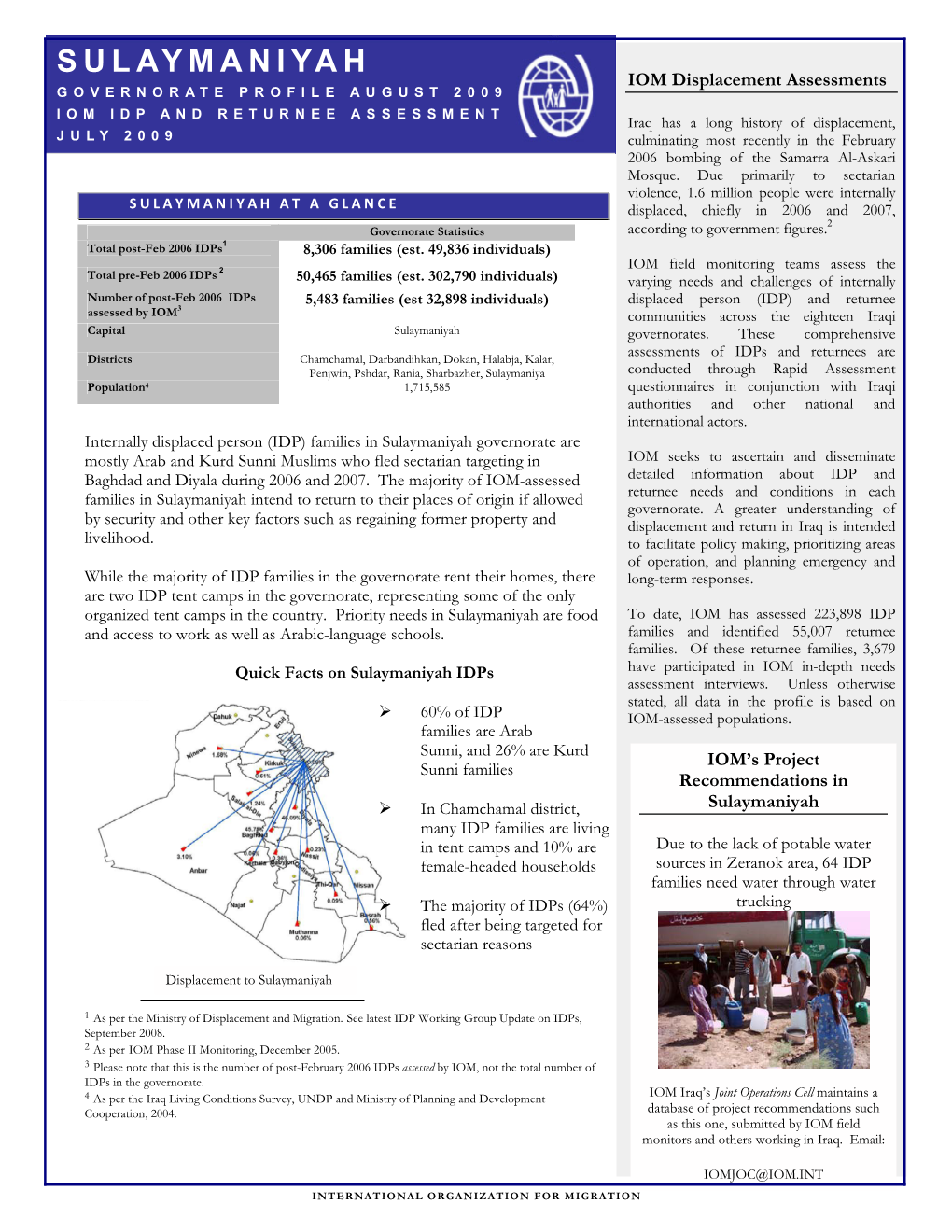 SULAYMANIYAH IOM Displacement Assessments GOVERNORATE PROFILE AUGUST 2009