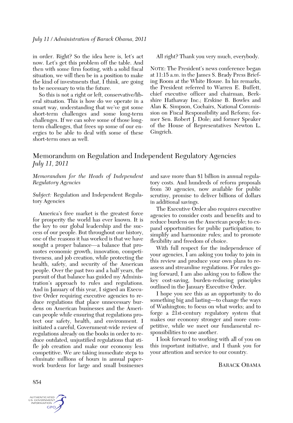 Memorandum on Regulation and Independent Regulatory Agencies July 11, 2011