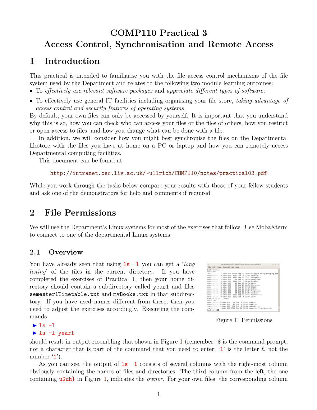 COMP110 Practical 3 Access Control, Synchronisation and Remote Access 1 Introduction 2 File Permissions