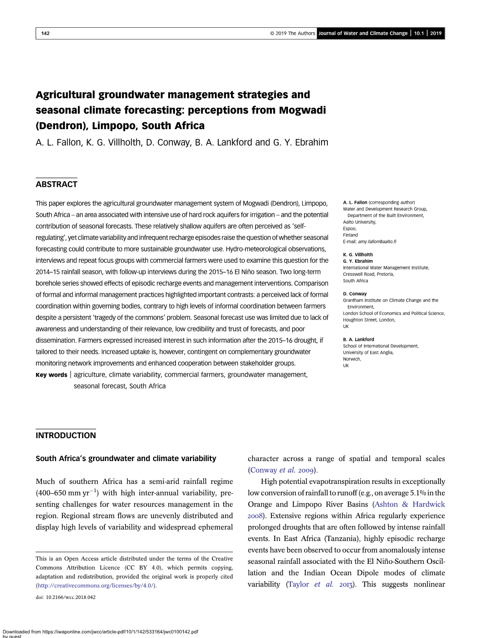 Agricultural Groundwater Management Strategies and Seasonal Climate Forecasting: Perceptions from Mogwadi (Dendron), Limpopo, South Africa A