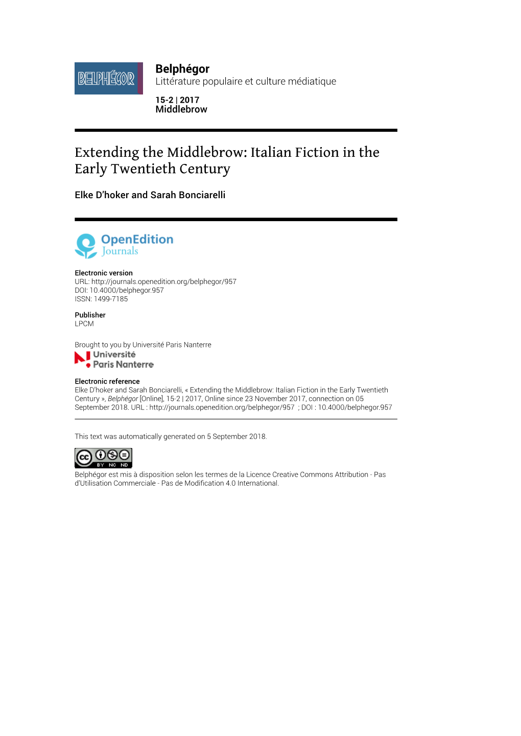 Belphégor, 15-2 | 2017 Extending the Middlebrow: Italian Fiction in the Early Twentieth Century 2