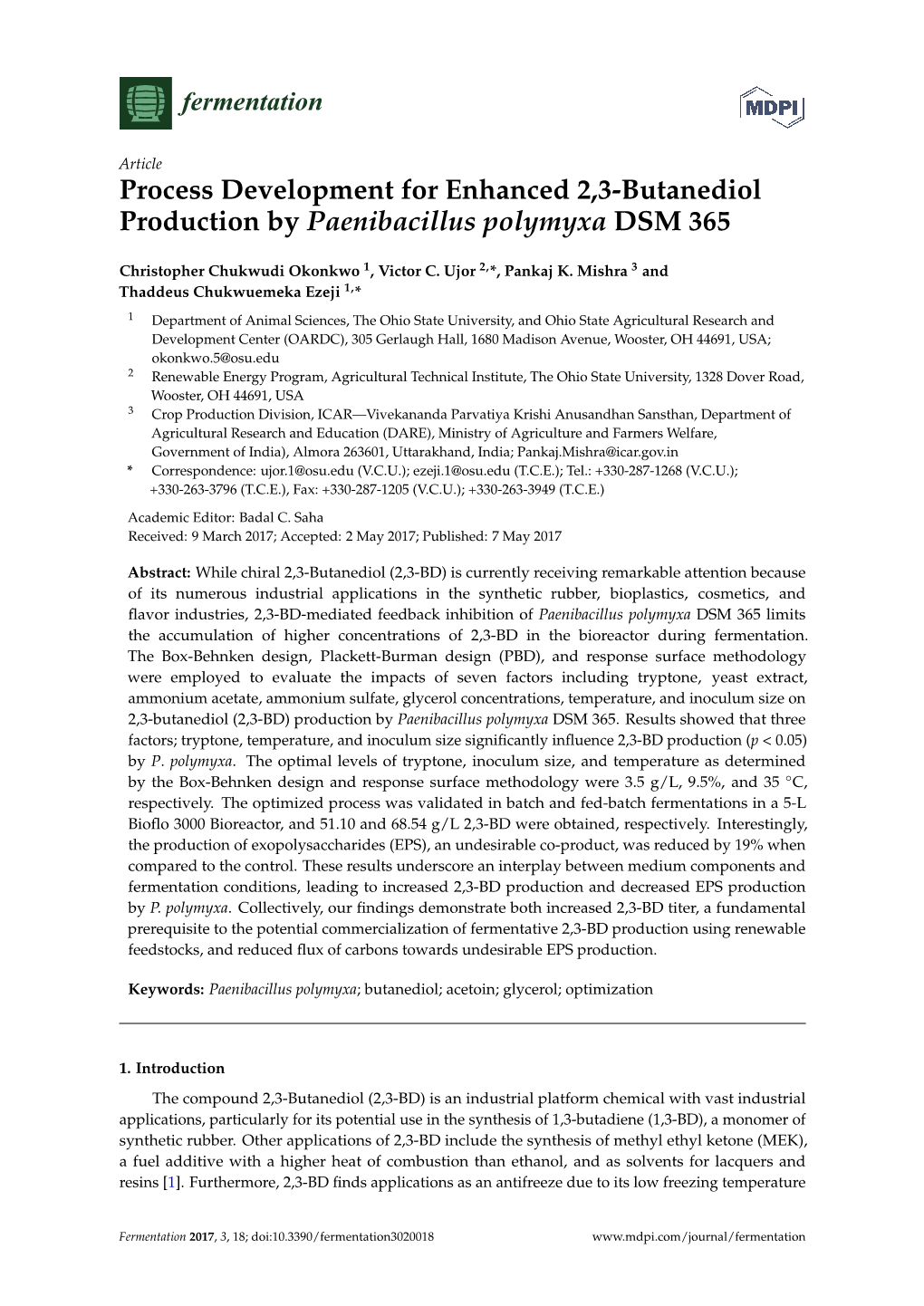 Process Development for Enhanced 2,3-Butanediol Production by Paenibacillus Polymyxa DSM 365