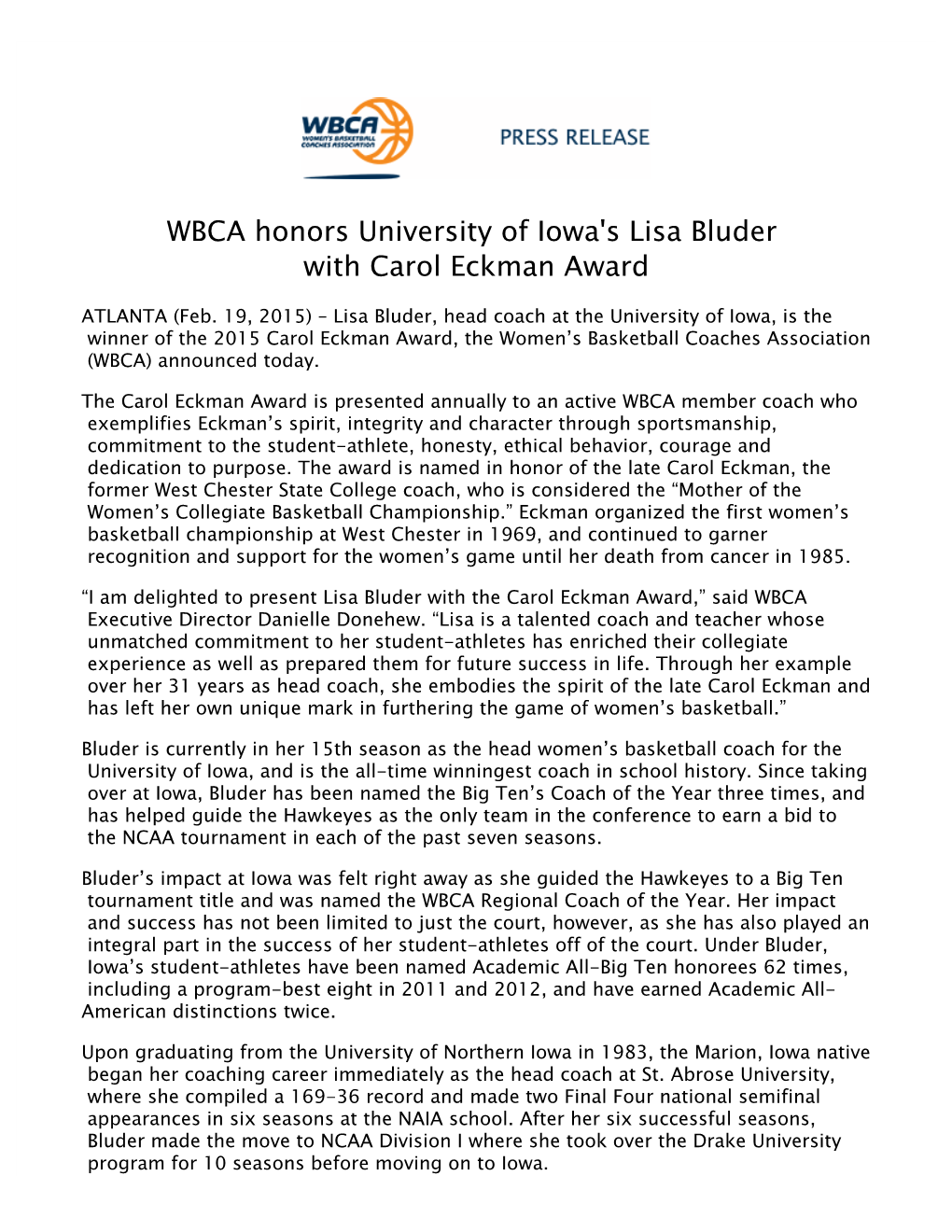 WBCA Honors University of Iowa's Lisa Bluder with Carol Eckman Award