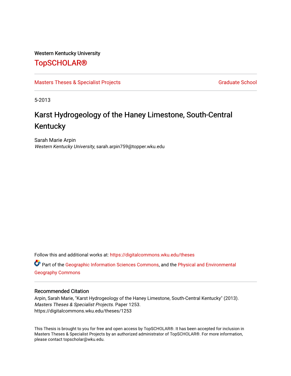 Karst Hydrogeology of the Haney Limestone, South-Central Kentucky