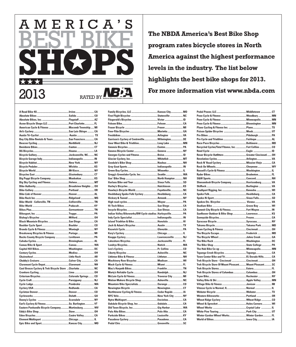 The NBDA America's Best Bike Shop Program Rates Bicycle Stores In