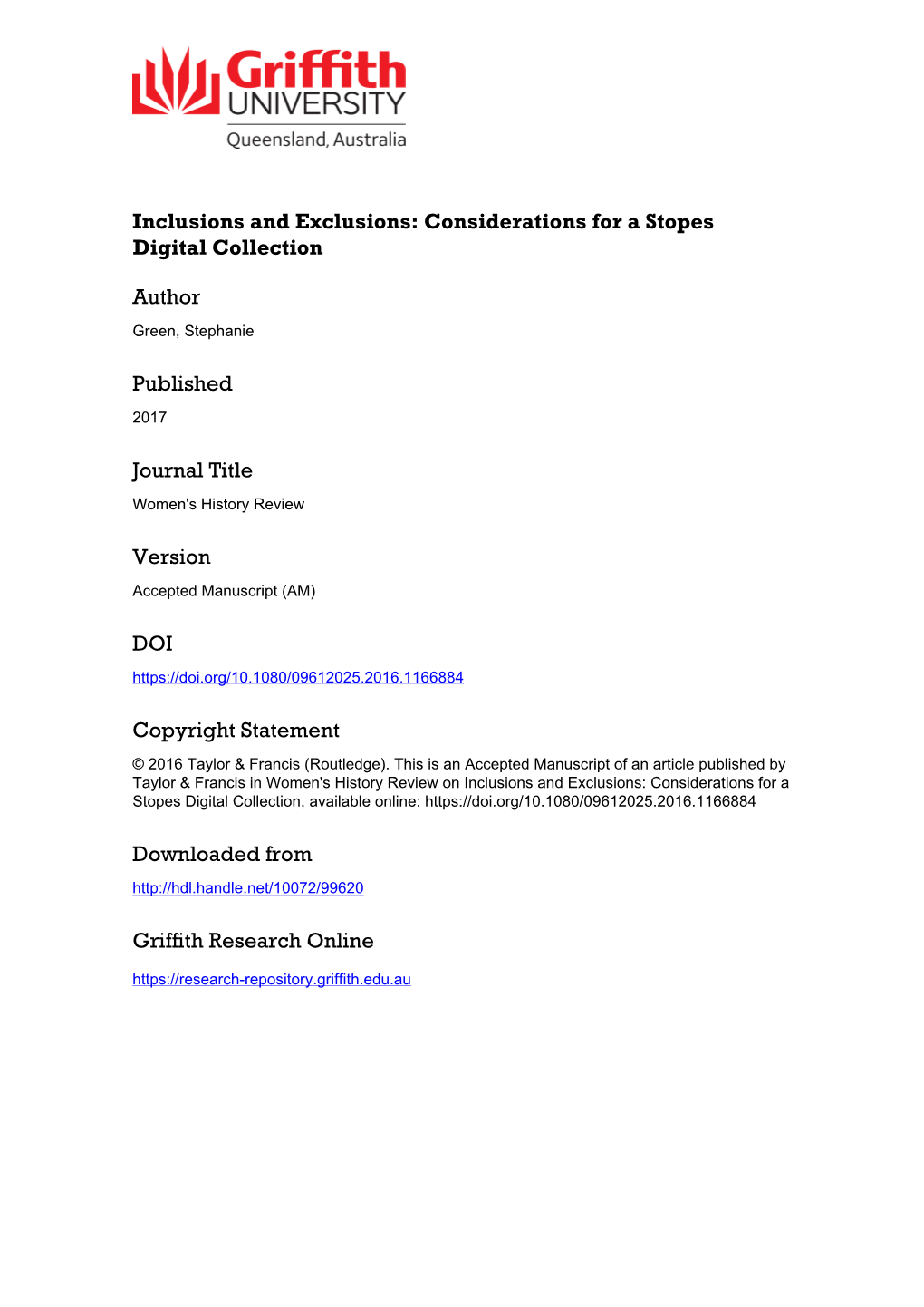 Inclusions and Exclusions: Considerations for a Stopes Digital Collection