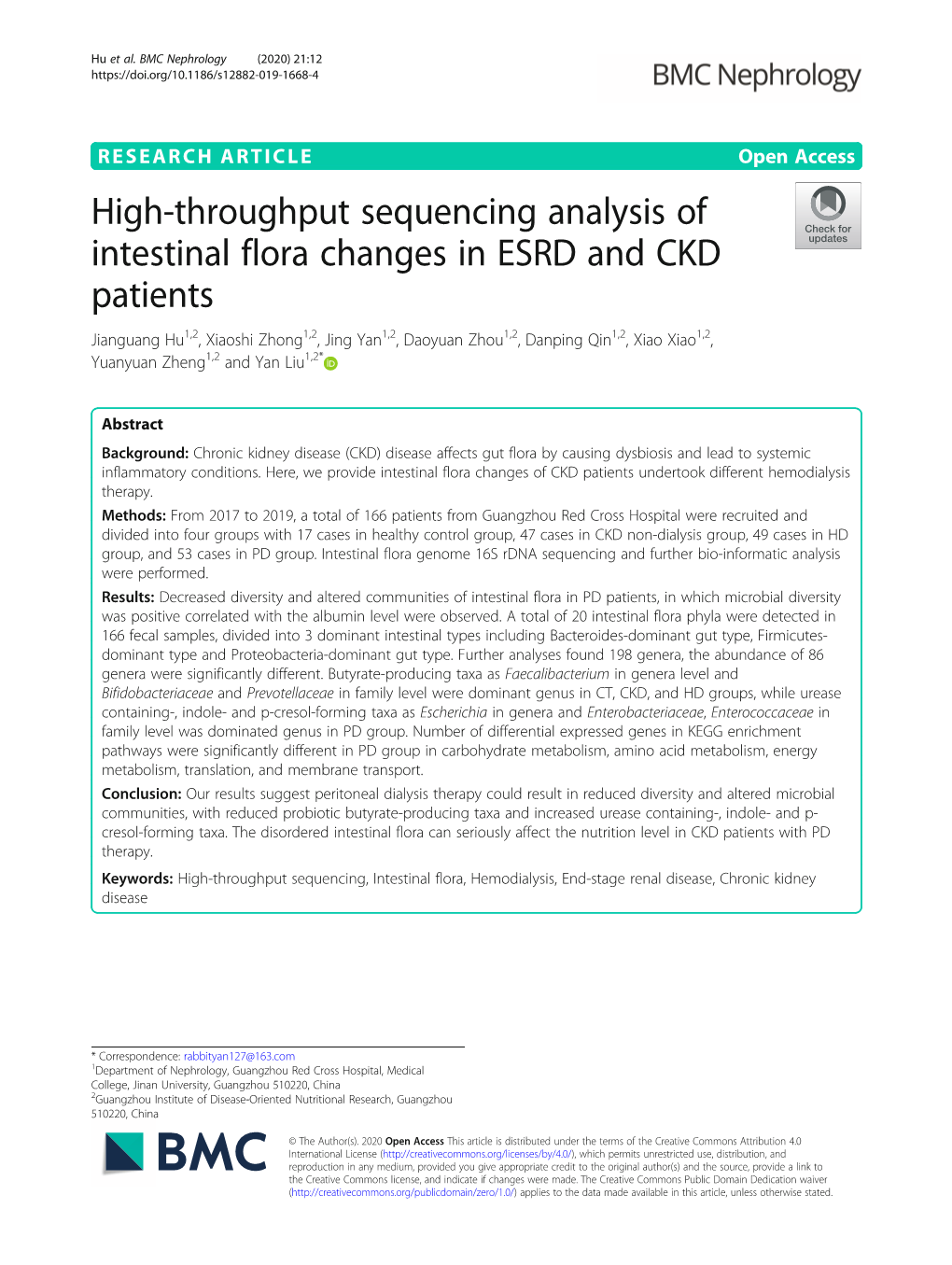 High-Throughput Sequencing Analysis of Intestinal Flora Changes in ESRD