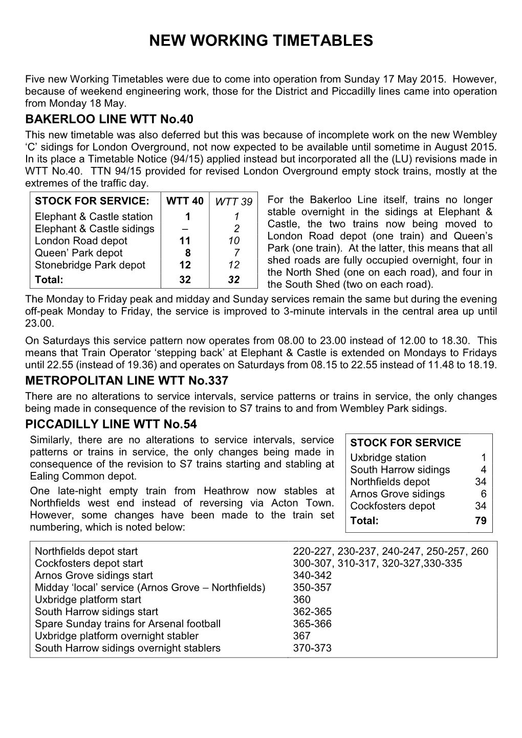 New Working Timetables