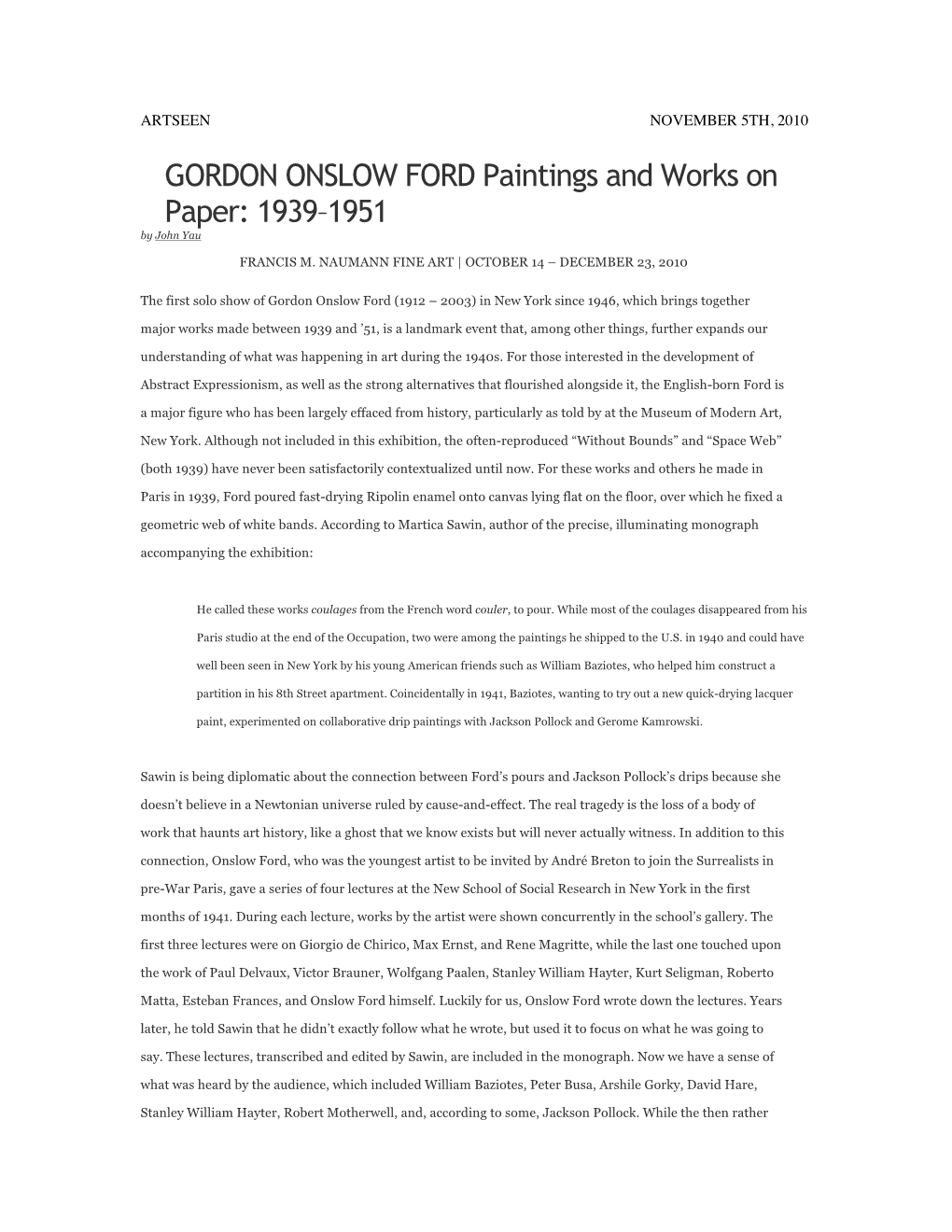 GORDON ONSLOW FORD Paintings and Works on Paper: 1939–1951 by John Yau