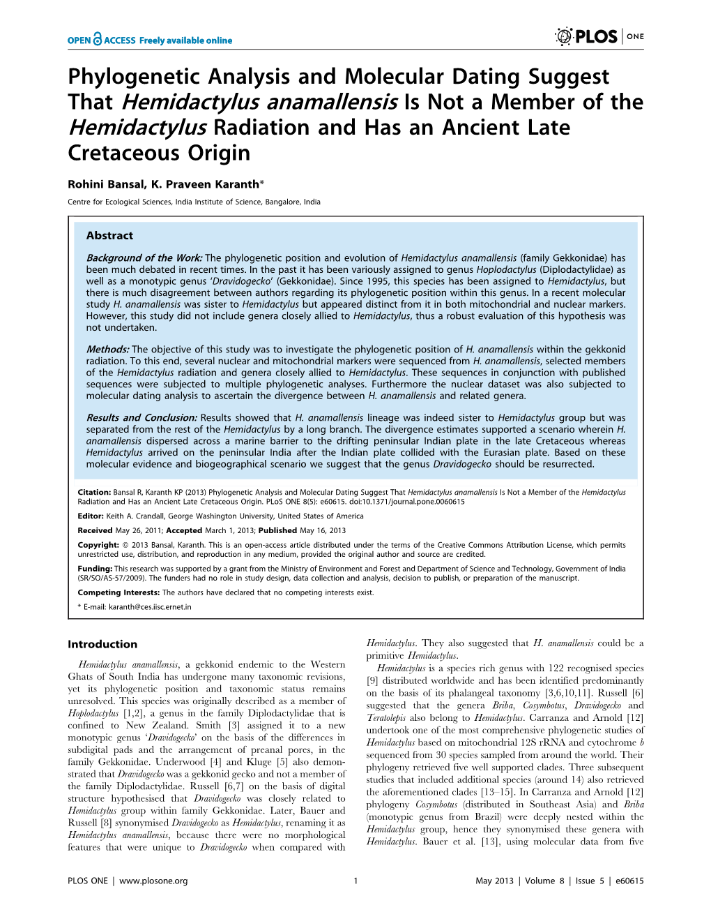 That Hemidactylus Anamallensis Is Not a Member of the Hemidactylus Radiation and Has an Ancient Late Cretaceous Origin