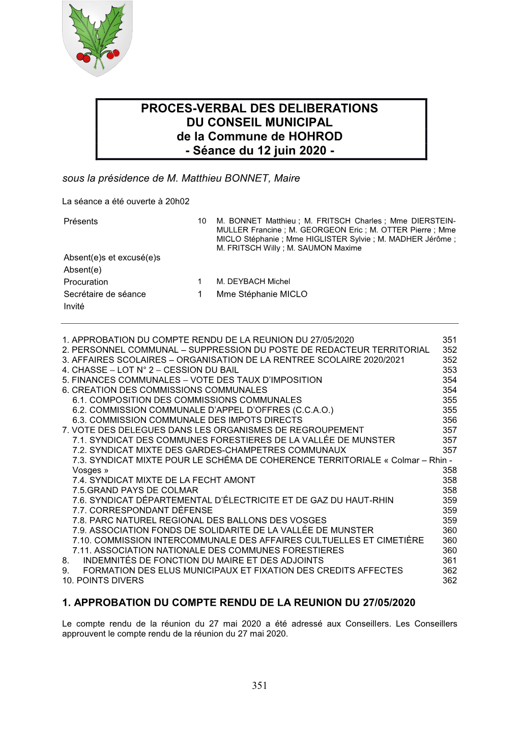 CR Réunion Conseil Municipal Du 12-06-20