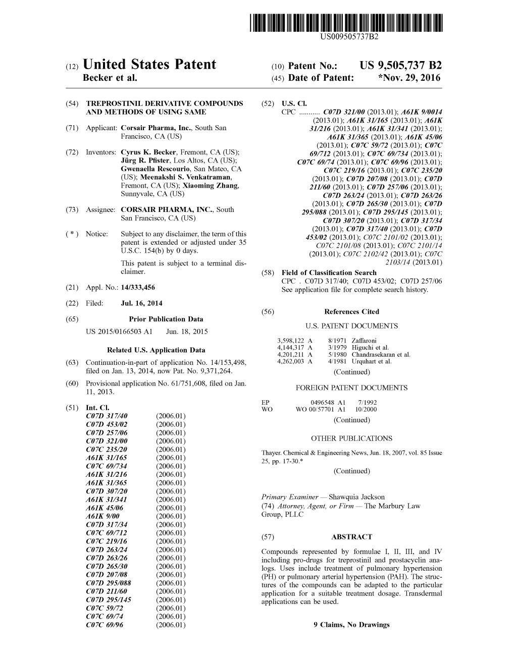 (12) United States Patent (10) Patent No.: US 9,505,737 B2 Becker Et Al