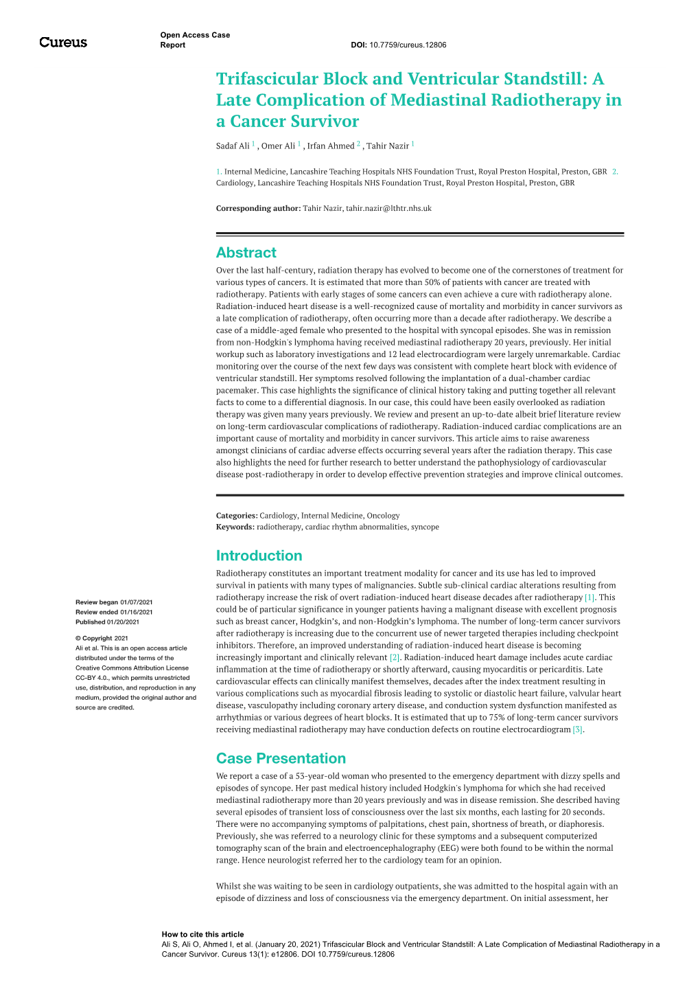 A Late Complication of Mediastinal Radiotherapy in a Cancer Survivor