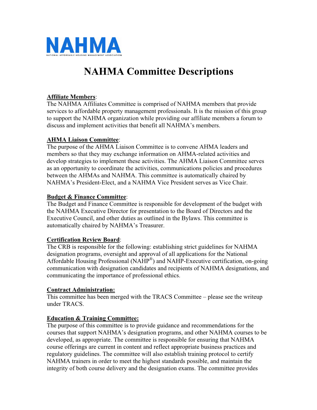 NAHMA Committee Descriptions