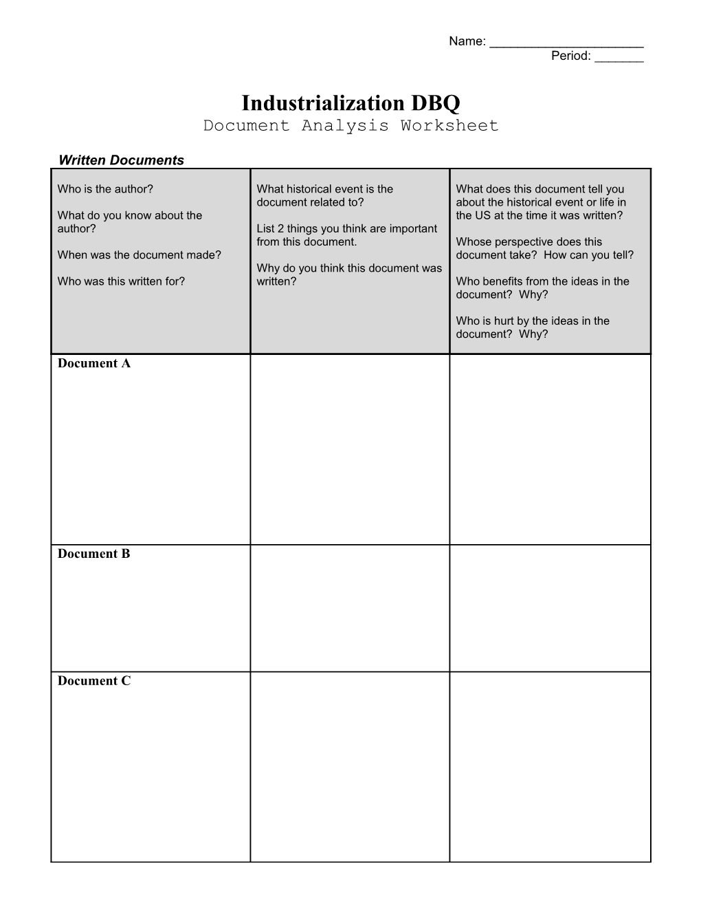 DBQ Document Analysis Worksheet