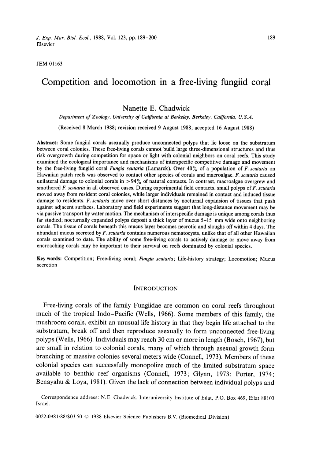 Competition and Locomotion in a Free-Living Fungiid Coral