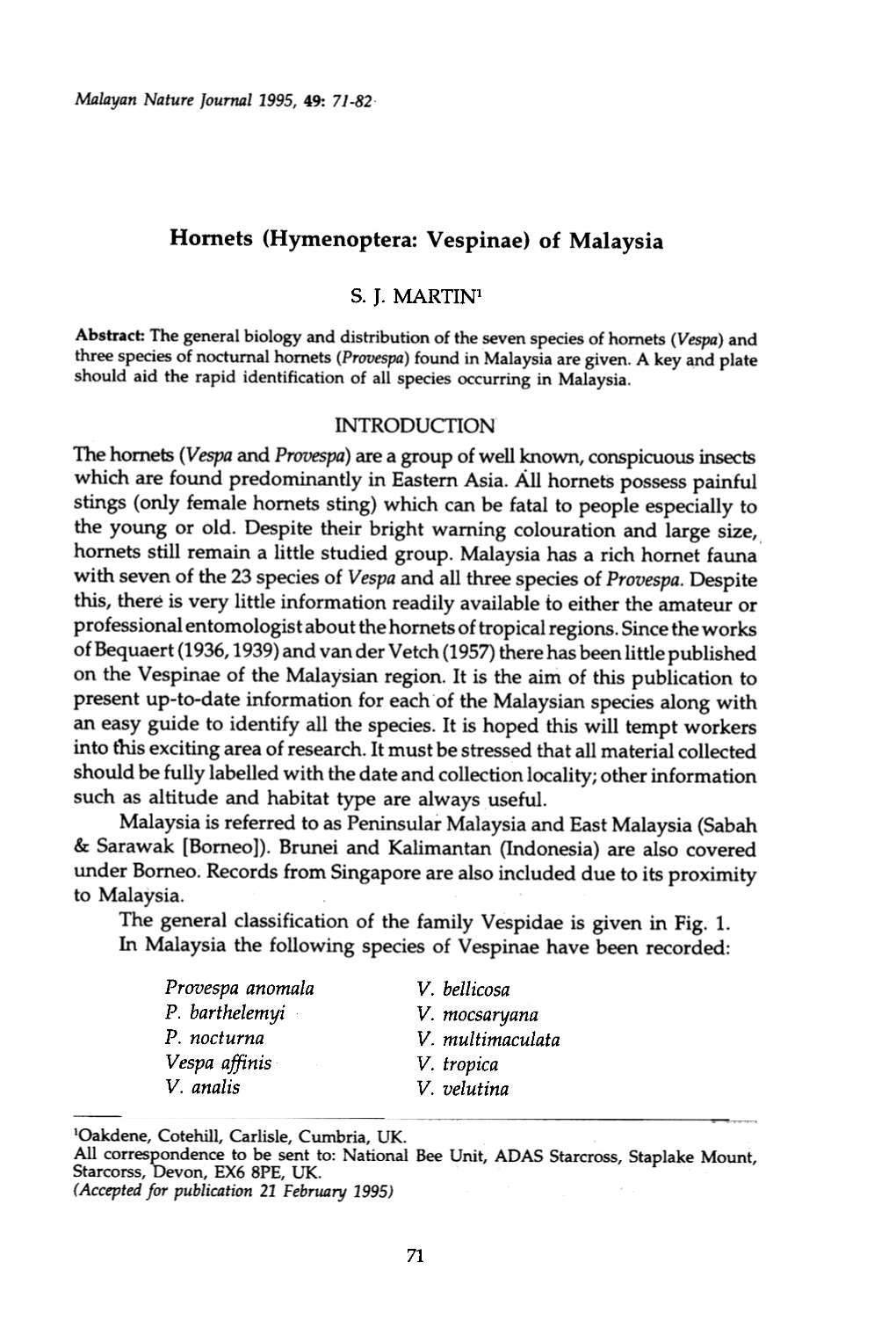 Hornets (Hymenoptera: Vespinae) of Malaysia