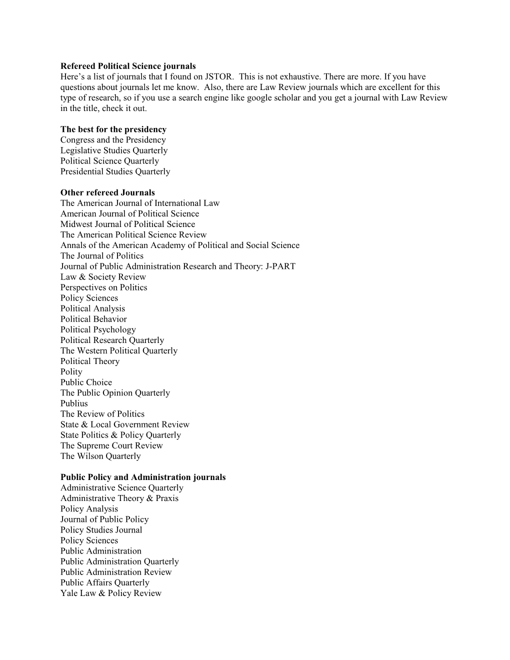 Refereed Political Science Journals