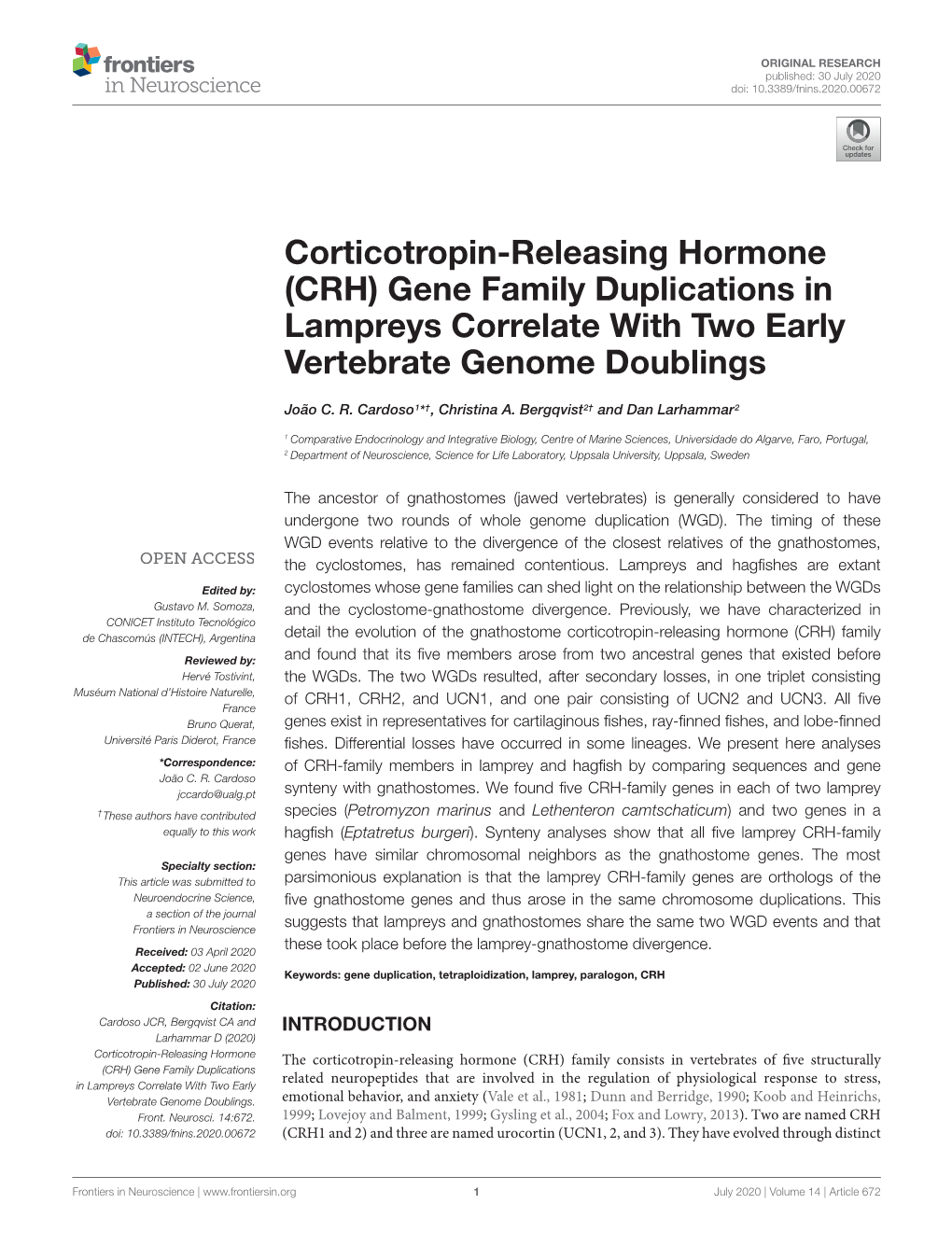 Corticotropin-Releasing Hormone (CRH) Gene Family Duplications in Lampreys Correlate with Two Early Vertebrate Genome Doublings