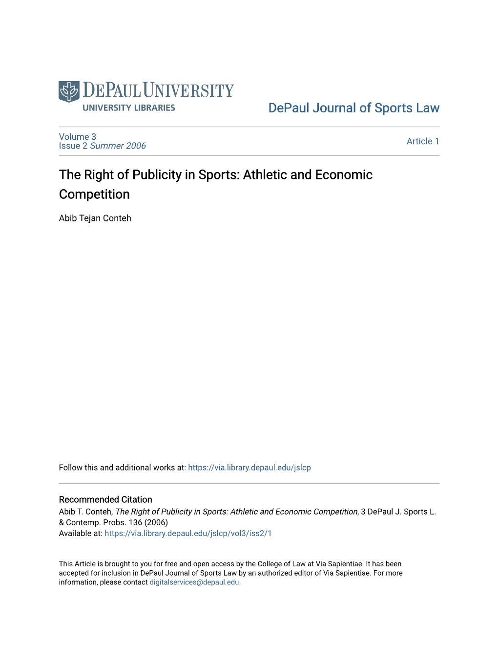 The Right of Publicity in Sports: Athletic and Economic Competition