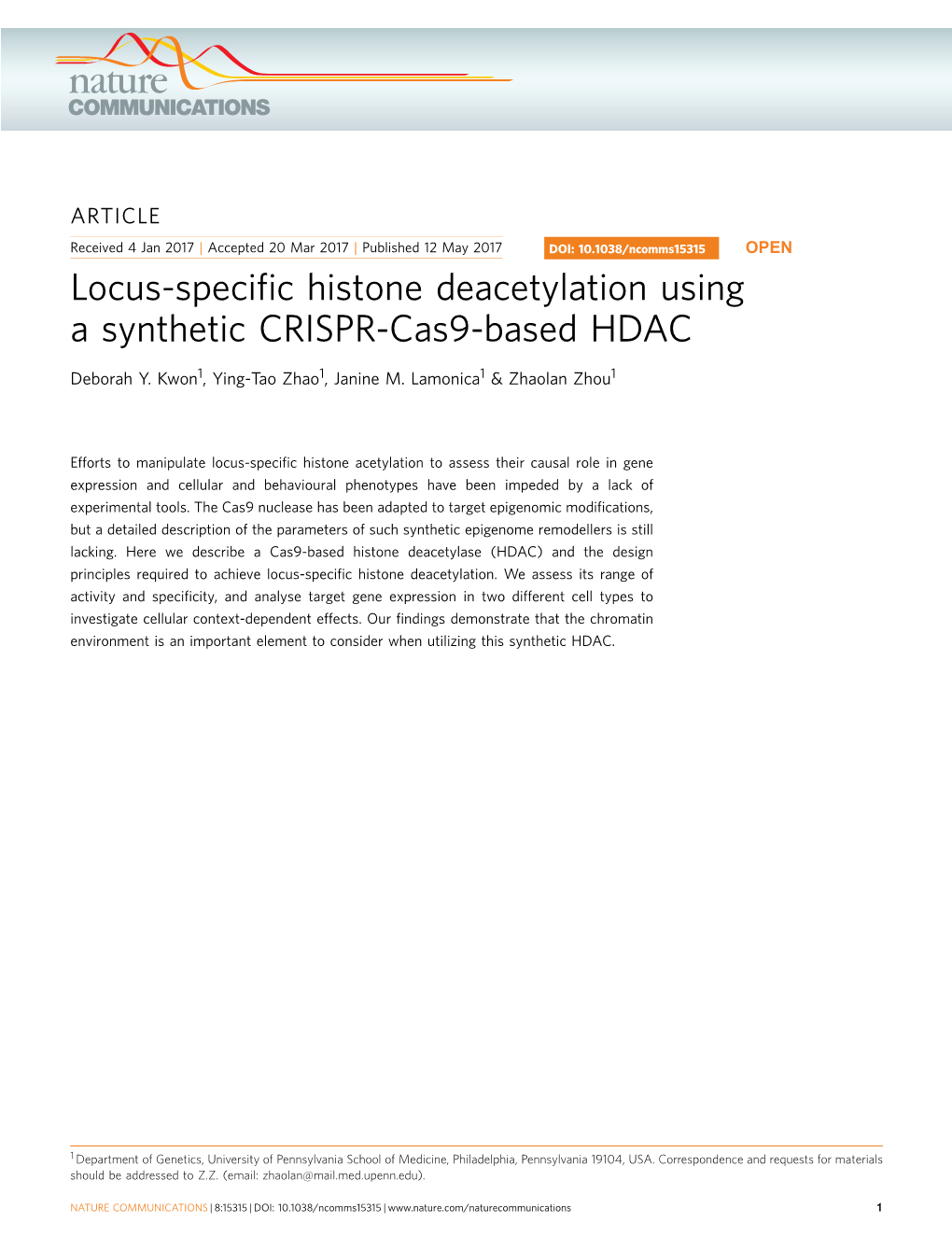 Locus-Specific Histone Deacetylation Using a Synthetic CRISPR-Cas9