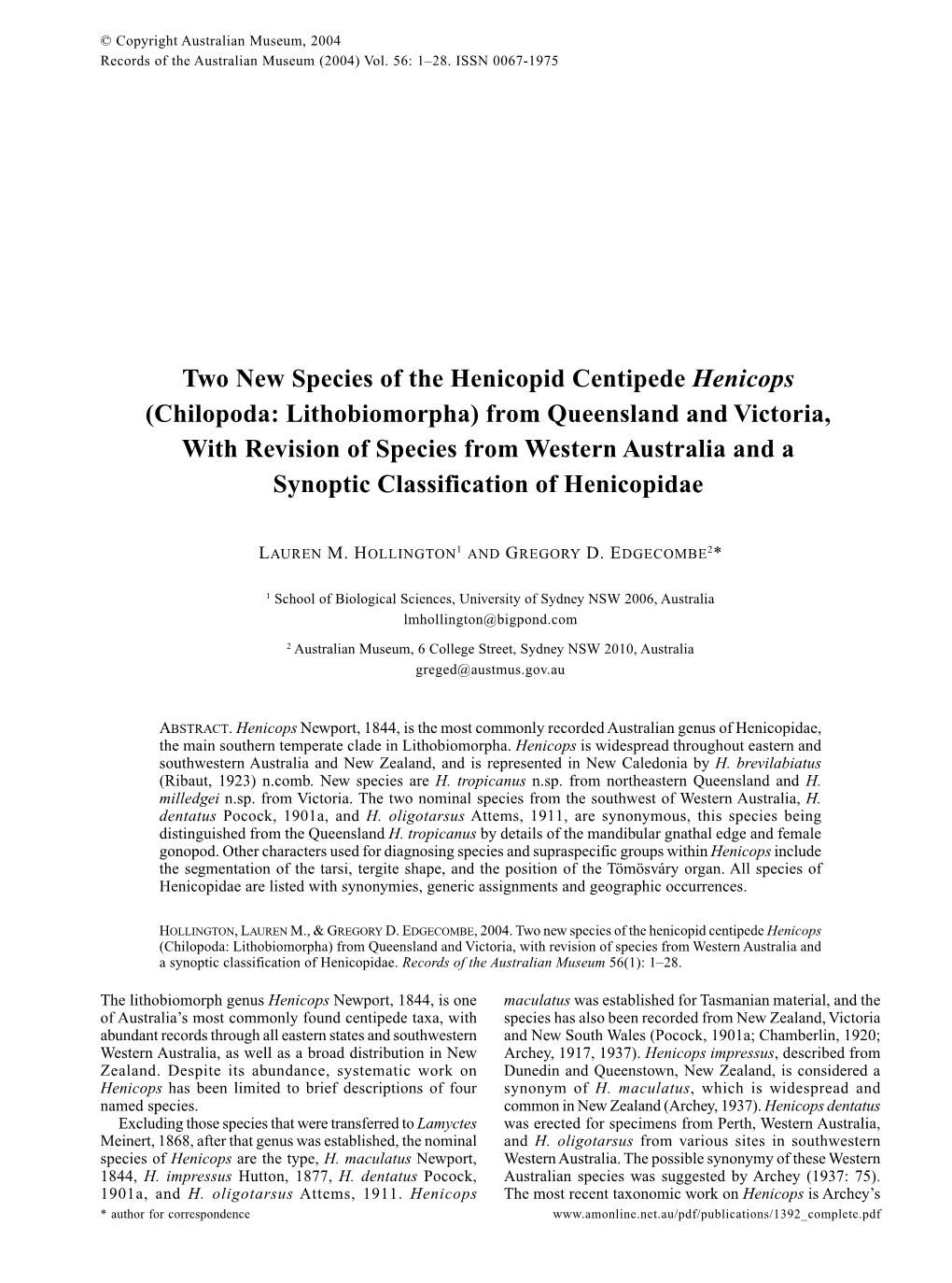 Two New Species of the Henicopid Centipede Henicops (Chilopoda