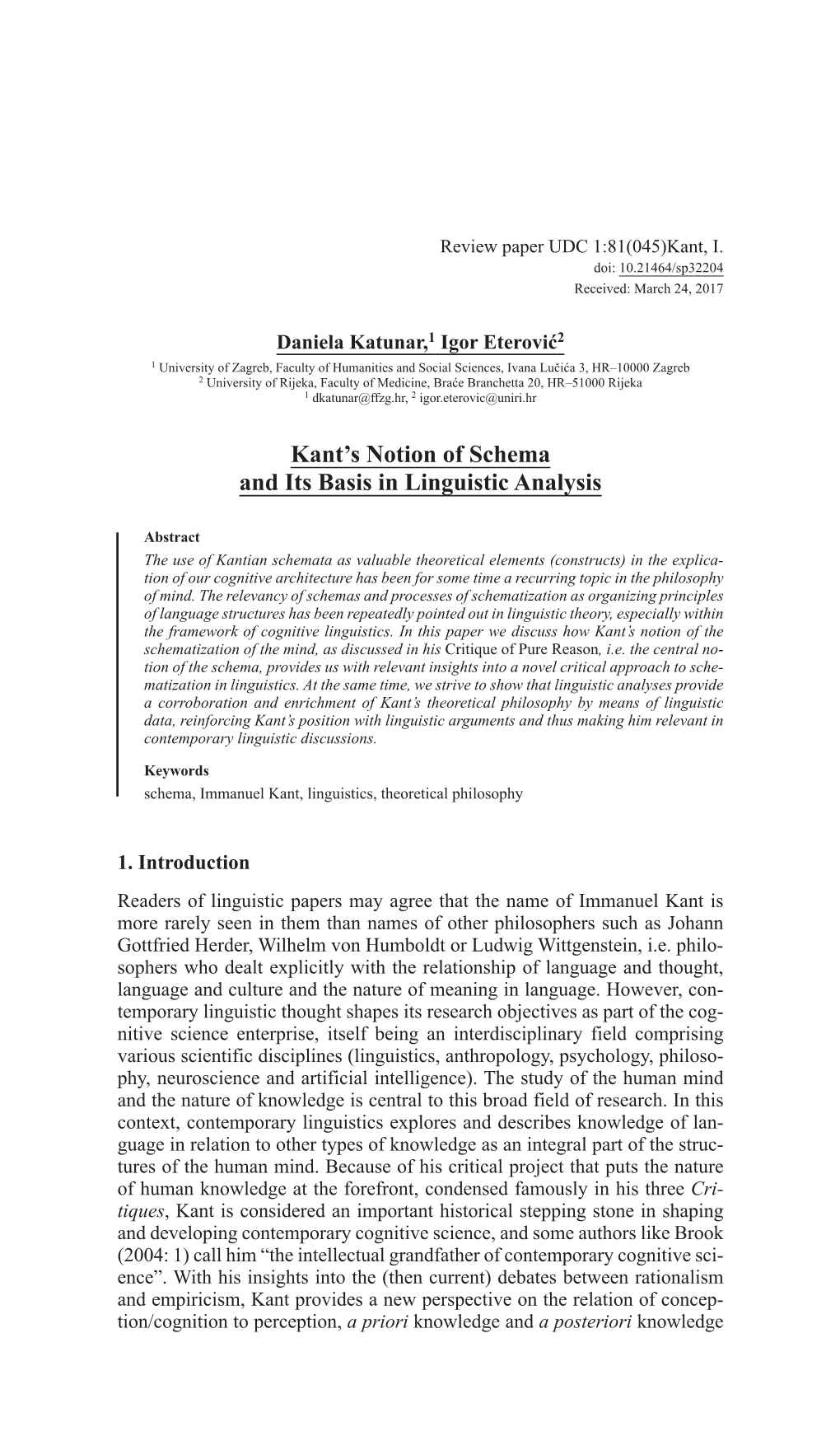 Kant's Notion of Schema and Its Basis in Linguistic Analysis