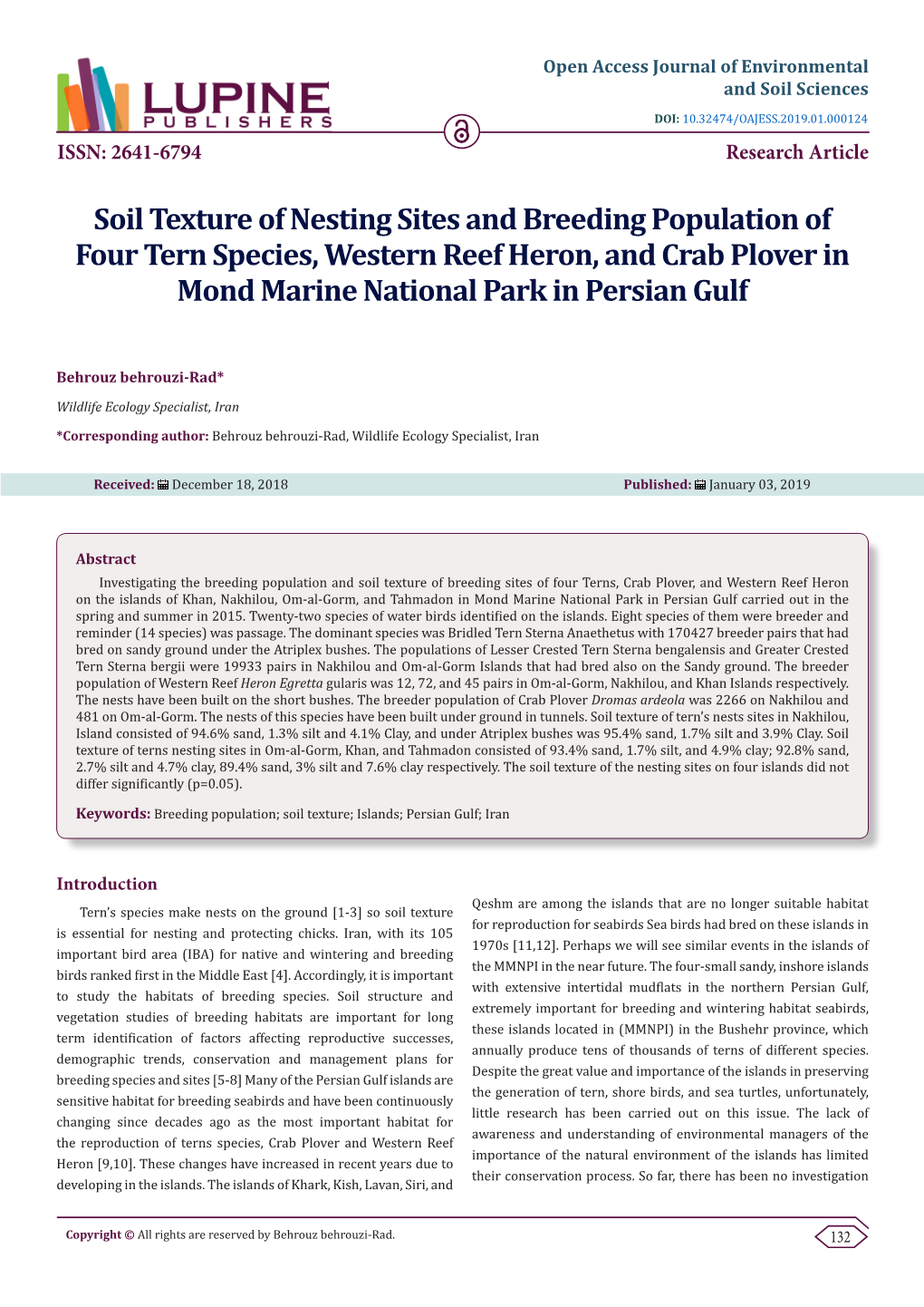 Soil Texture of Nesting Sites and Breeding Population of Four Tern Species, Western Reef Heron, and Crab Plover in Mond Marine National Park in Persian Gulf